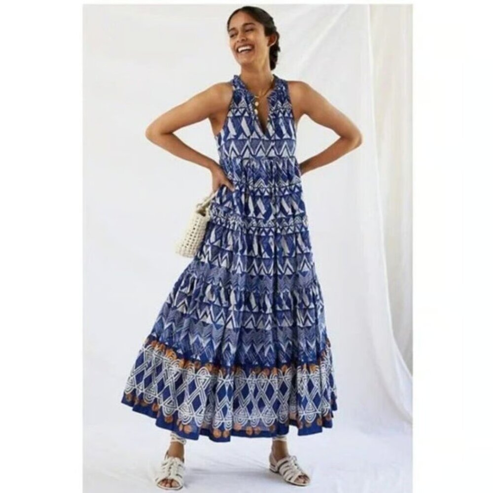 NWT Anthropologie Tiered Abstract Maxi in Blue Patterned Cotton Dress MP Petite